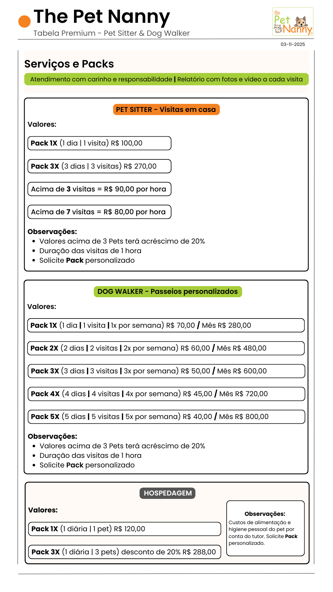 Tabela Premium de preços — Pet Sitter, Dog Walker e Hospedagem da The Pet Nanny